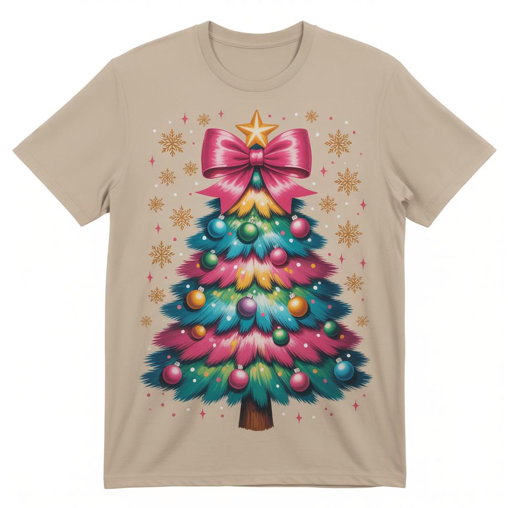 

Colorful Christmas Tree Shirt Holiday Bow Tee Festive Xmas Top Retro Graphic Unisex T-Shirt S