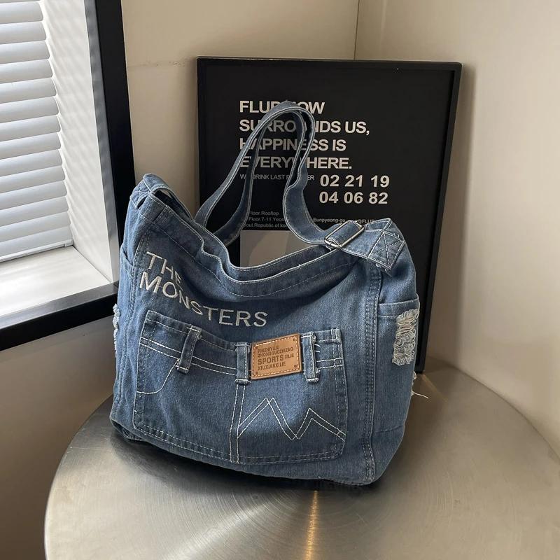 Solid Color Denim Zipper Multifunctional Women's Shoulder Bags  Hot Sale  Trendy  Customized Crossbody Bag