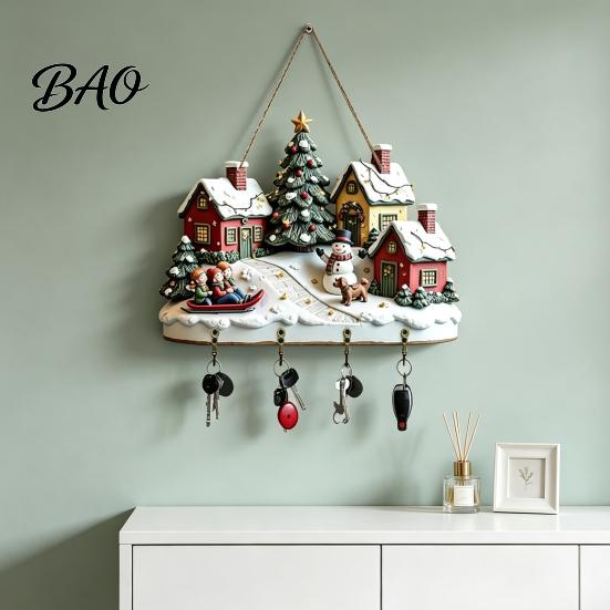 Christmas Gift for Home Winter Village Wooden Wall Hanging, Snow House Snowman Plaque, 4 Hook Lightweight Ornament Mount Key Holder, Holiday