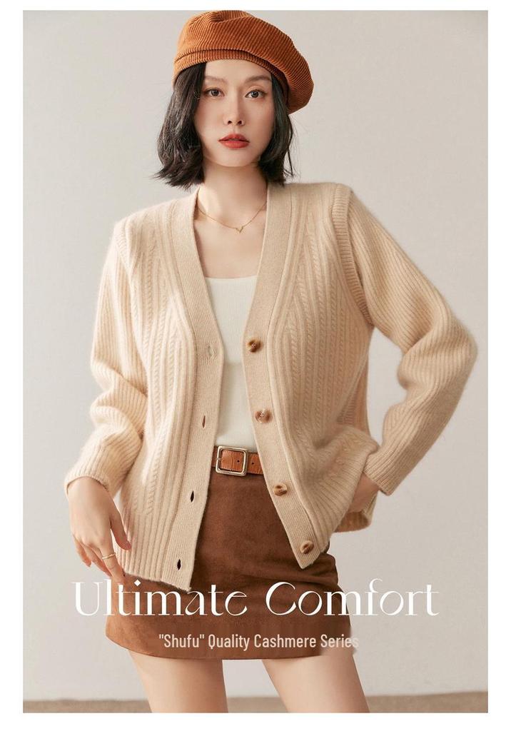 Women's V-Neck Cashmere Cardigan - 2025 Fall/Winter: Ribbed, Gentle, Slimming, Loose-Fit Short Jacket