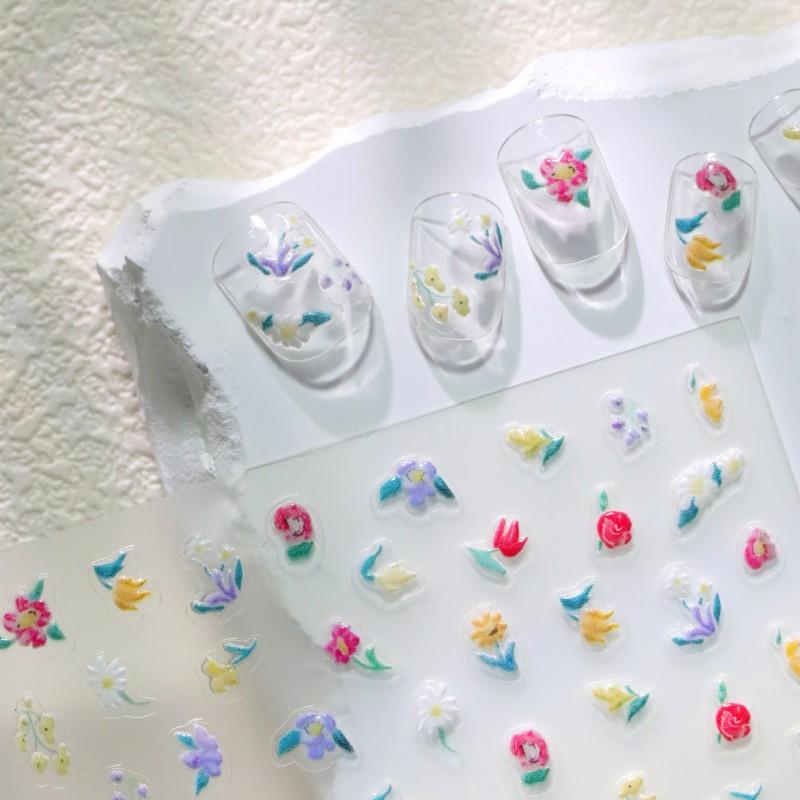 Small Fresh Ins Wind Flower Duo Nail Stickers 5D Micro Carving Little Red Book 3D Stereoscopic Color