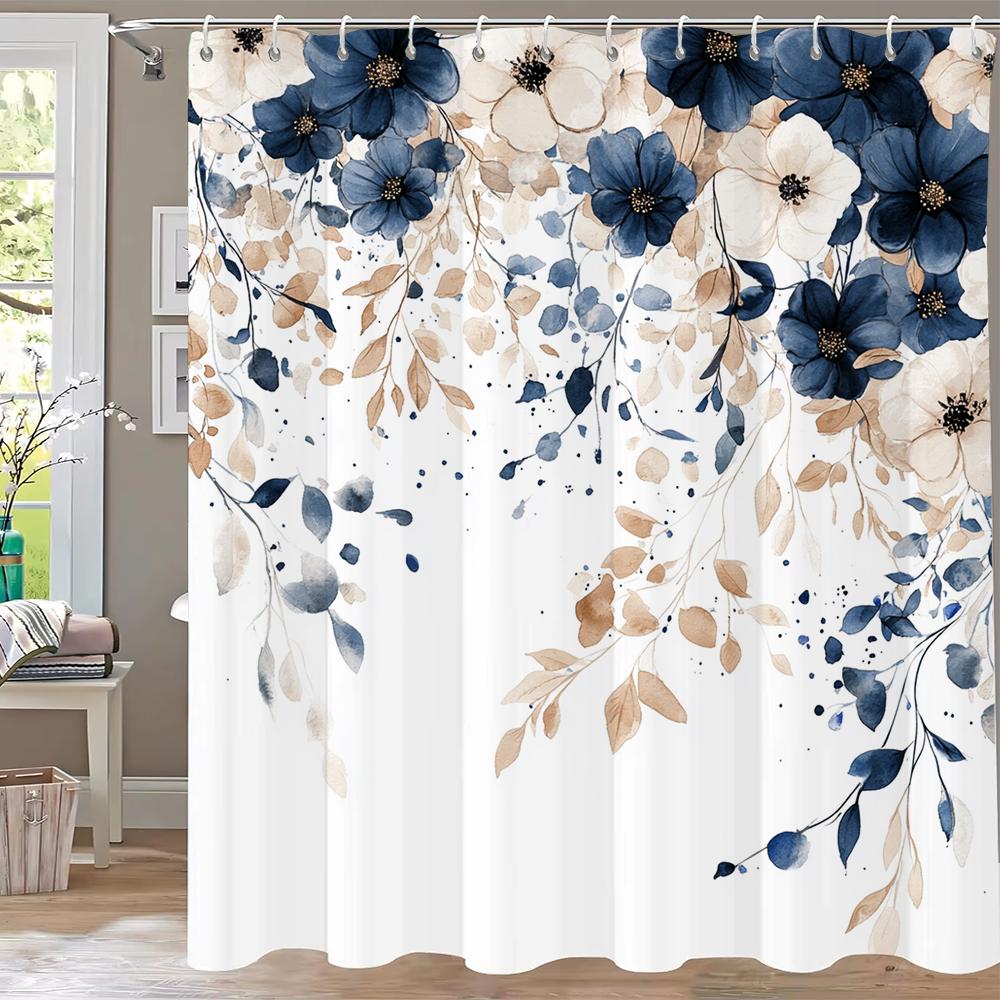 Beautiful Blue Flowers Shower Curtain, Bathroom Decorative Curtain, Printed Floral Polyester Home Curtain With Hooks