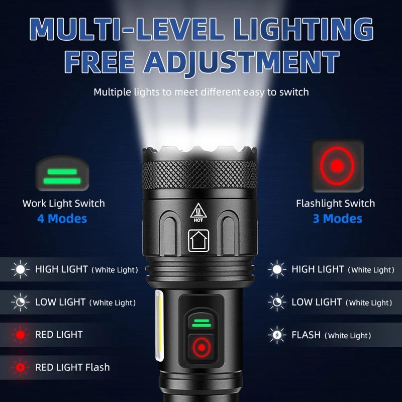 XHP160+COB Strong Light Torch Outdoor TYPE-C USB Rechargeable Flashlight Aluminum Alloy IPX5 Waterproof LED Lamp With Side Light
