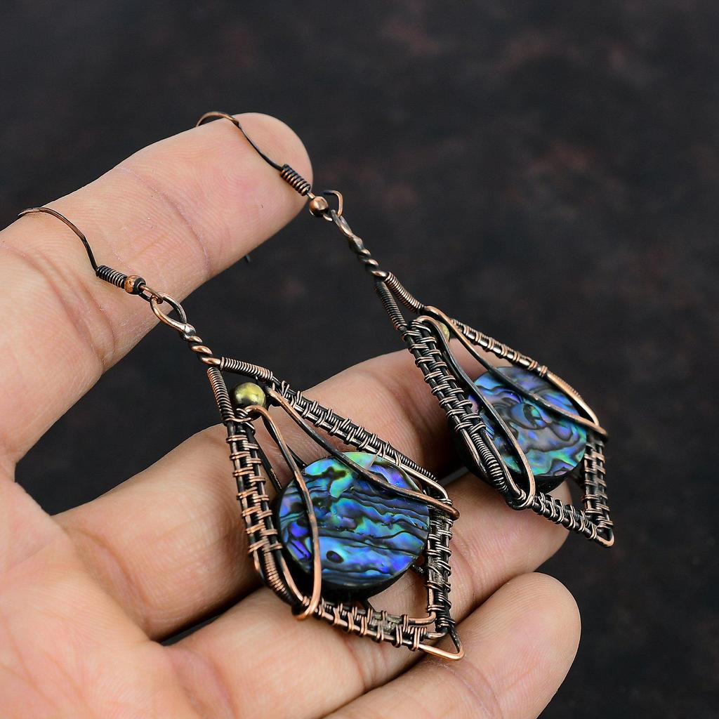 Abalone Shell Earring Copper Wire Wrapped Earrings Handmade Gemstone Earring Abalone Shell Jewelry Amazing Earrings Copper Wire Wrap Jewelry