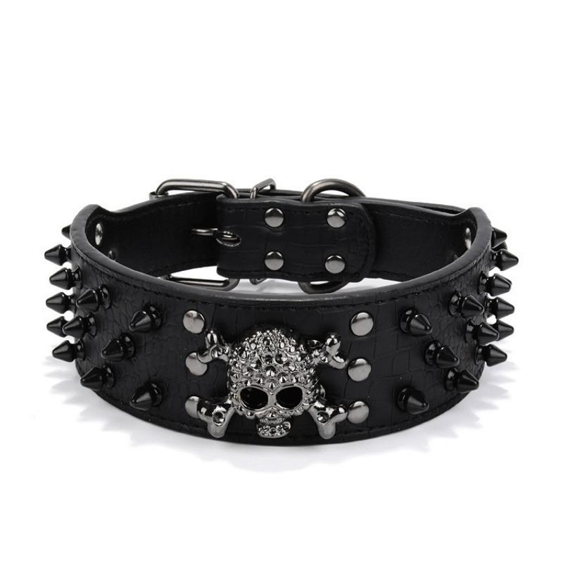 2" Wide Spiked Studded Leather Dog Collar Bullet Rivets with Cool Skull Pet Accessories for Meduim Large Dogs Pitbull Boxer XS-L
