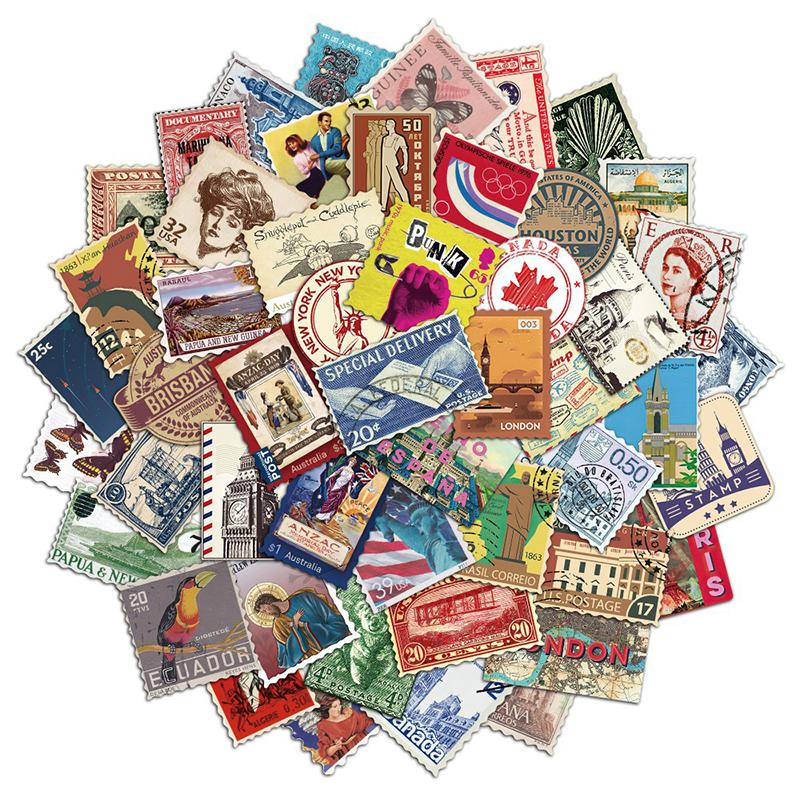 50PCS Vintage Stamp Stickers Aesthetic Postage Stamp Stickers Waterproof Vinyl Decals for Scrapbook Laptop Water Bottle