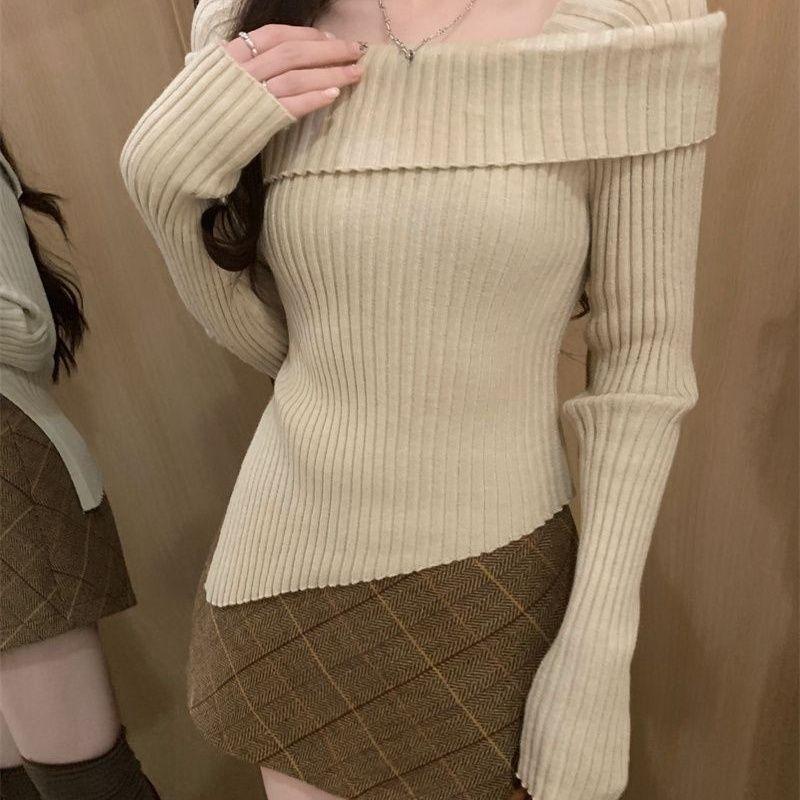 Women's Square Neck Knitted Sweater Autumn Winter Slim Knitted Base Layer Long Sleeve Pullover Irregular Knit Top