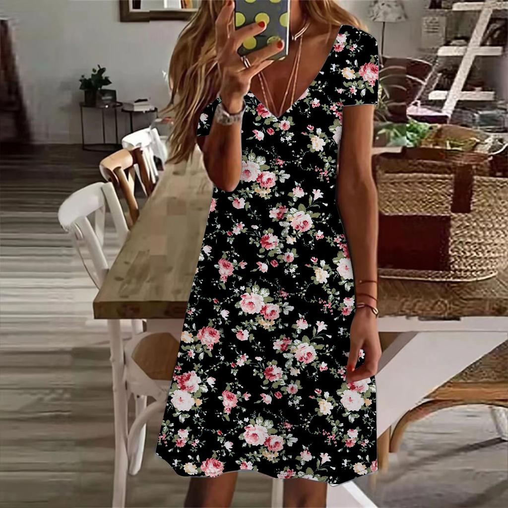 Moda de vară pentru femei cu decolteu în V cu mânecă scurtă cu imprimeu cu flori Rochii sex cu fustă scurtă
