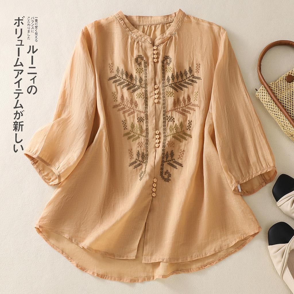 2025 summer new natural wind leaf embroidered cotton and linen shirt women's retro stand-up collar seven-quarter sleeve cardigan top