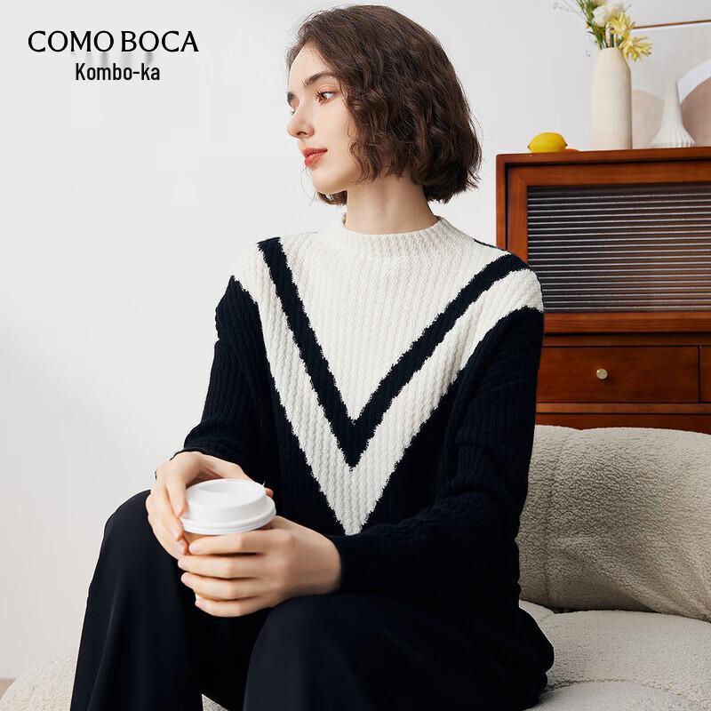 

Women s Pure Cashmere Mock Neck Sweater with Contrast V-Pattern M