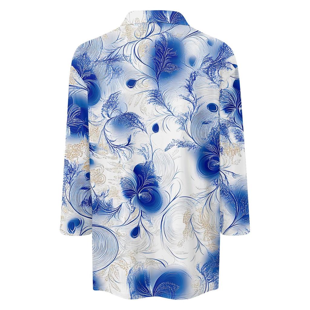 Damska Moda Casual Klapa Rękaw 3/4 Drukowana Koszula Damski Dekolt V Zapinane Bluzki