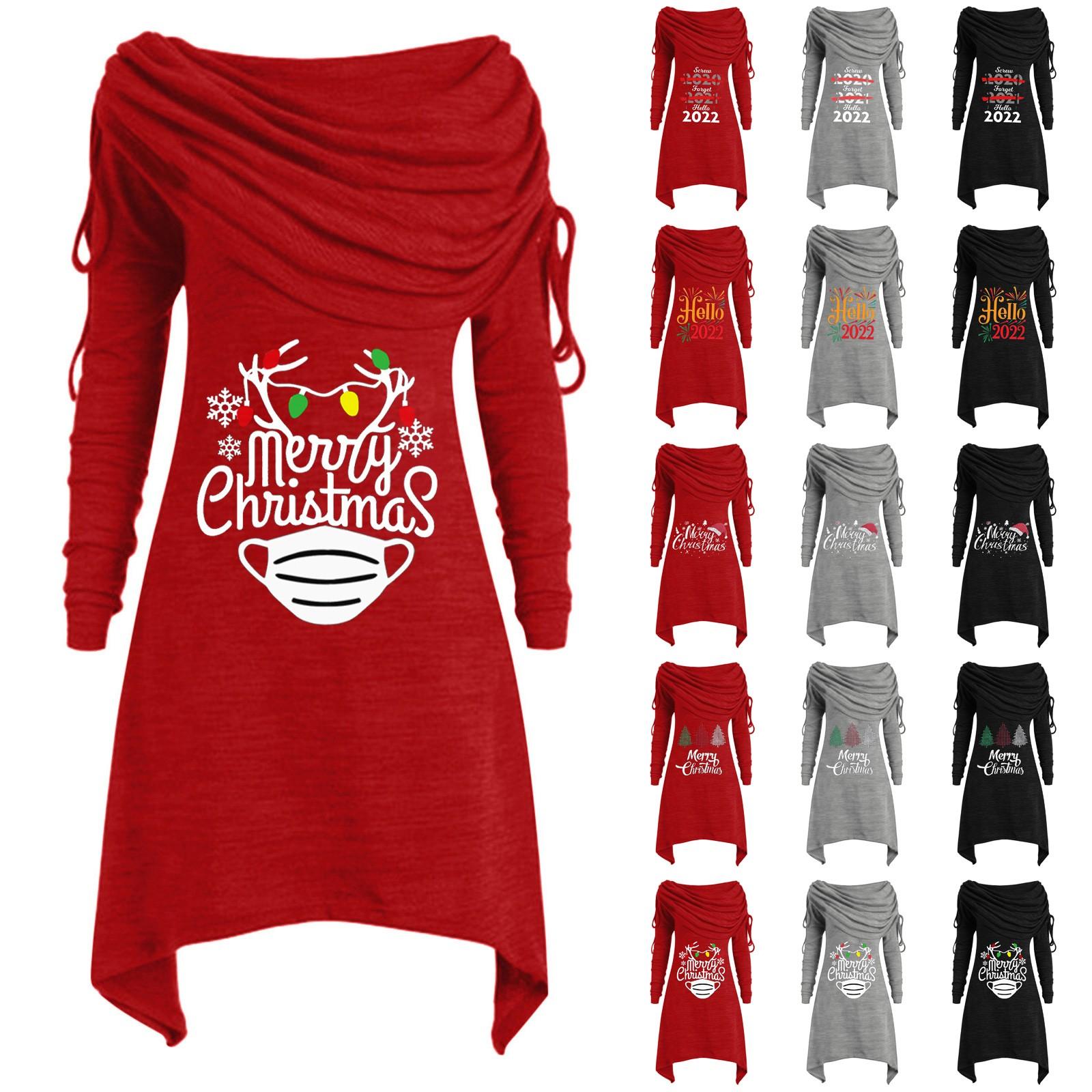 

Модное повседневное женское платье-пуловер с рождественским принтом и длинными рукавами