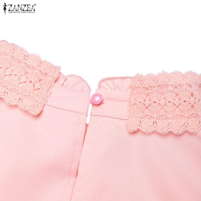 ZANZEA Damen Lässiges Stehkragen Langarm Locker Spitze Patchwork Langes Kleid