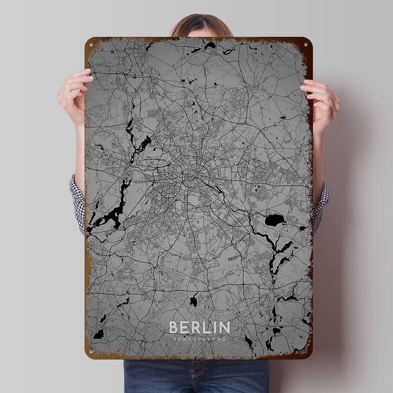Berlin Map BW Metal Poster Customized Wall Art Retro Vintage Tinplate Signs for Man Cave Living Room Decoration At Home Decor
