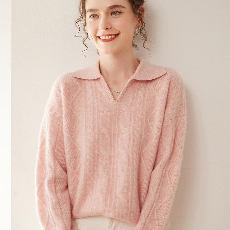Women's Thick Three-Strand Twisted Cashmere Knit Sweater, Long Sleeve, Polo Collar, Loose Fit, Soft & Skin-Friendly.
