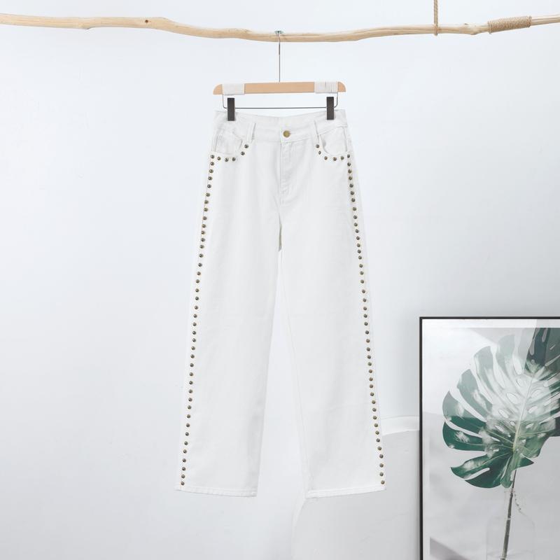 

Модные женские белые джинсы из денима, прямые мешковатые брюки с высокой талией и золотыми бусинами-заклепками, женские повседневные шикарные уличные брюки L белый