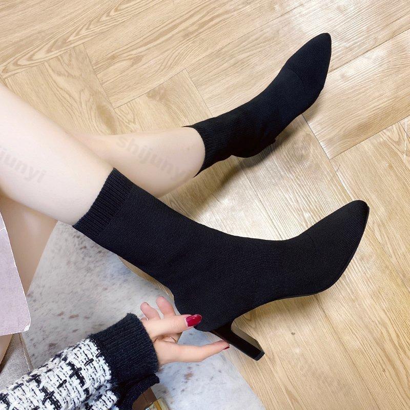 Fashion Women Ankle Boots 2025 Autumn Pointed Toe Knitting High-heel Boots Fashion Retro Square Heel Comfortable Socks Boots Botas Mujer