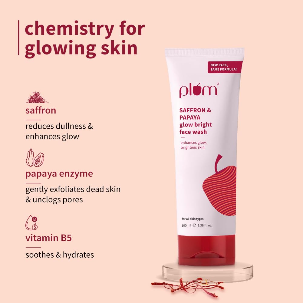 Plum Saffron Papaya Glow Brightening Face Wash Non Drying Daily Gel Cleanser For Dull Uneven Skin Women Men 100 ml