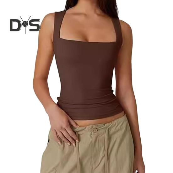 

Летний жилет женский однотонный квадратный воротник облегающий топ на бретелях широкие дышащие лямки жилет для повседневной носки S коричневый