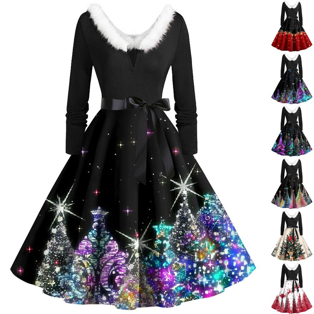 Christmas Print Flare Dress For Women Long Sleeve Dress Hollow Party Casual Dresses