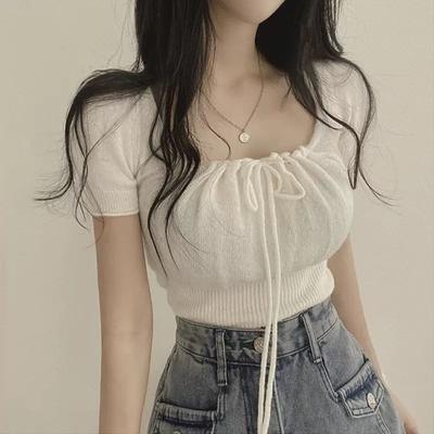 Haut Tricoté Doux à Manches Courtes, Col Carré Tendance, Nœud à Nouer, Coupe Slim