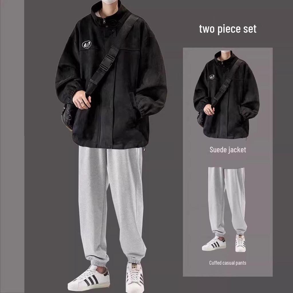 Men's Trendy Three-Piece Set: Autumn/Winter Suede Jacket, Cotton Coat, Casual Student Outfit