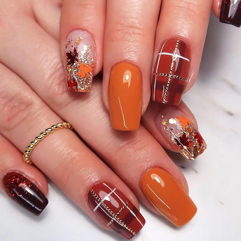 Fall Leaf Press on Nails Thanksgiving Pumpkin False Nails with Design Medium Square Artificial Stick on Nail Glossy Autumn Maple Leaves Acrylic Glue