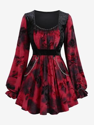 Rosegal Plus Size Poet Sleeves Floral Flocking Tie Dye Ruched Bust Lace Trim Patchwork Velvet Chain Top