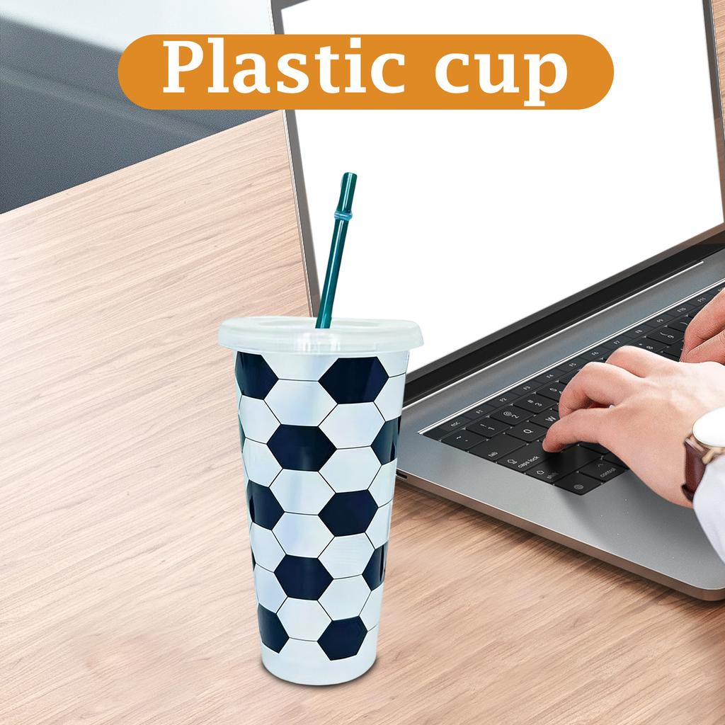 Large Capacity 710ml Single-Wall Plastic Cup With Soccer Pattern And Straw