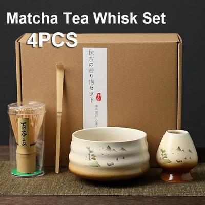 4 szt. Japoński Zestaw do Herbaty Matcha Bambusowa Miotełka Łyżeczka Ceramiczna Miseczka na Matchę Tradycyjne Wewnętrzne Ręcznie Robione Narzędzia do Parzenia Herbaty Prezent Urodzinowy