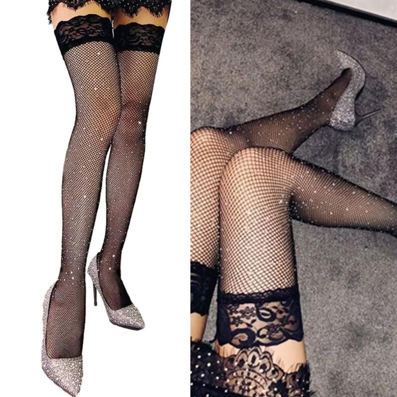 Sexy Sheer Fishnet Mesh Thigh High Stockings for Women Lace Top Sparkly Rhinestone Over Knee Long Socks Hosiery Lingerie