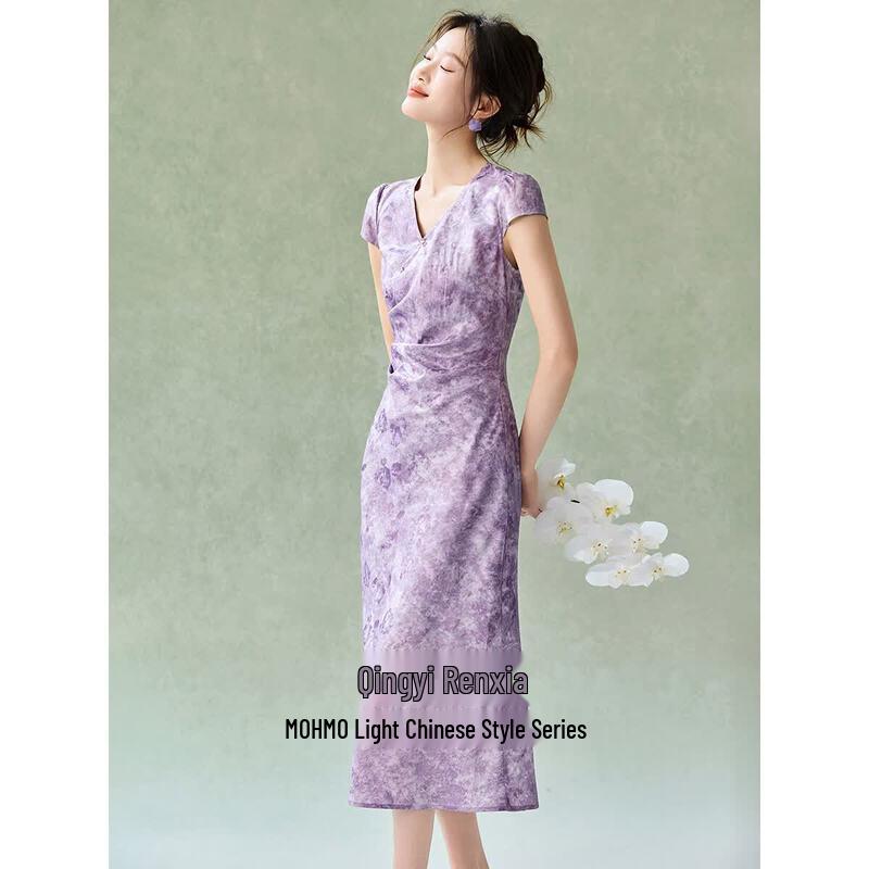 

Elegant New Chinese Style V-Neck Pleated Midi Dress M