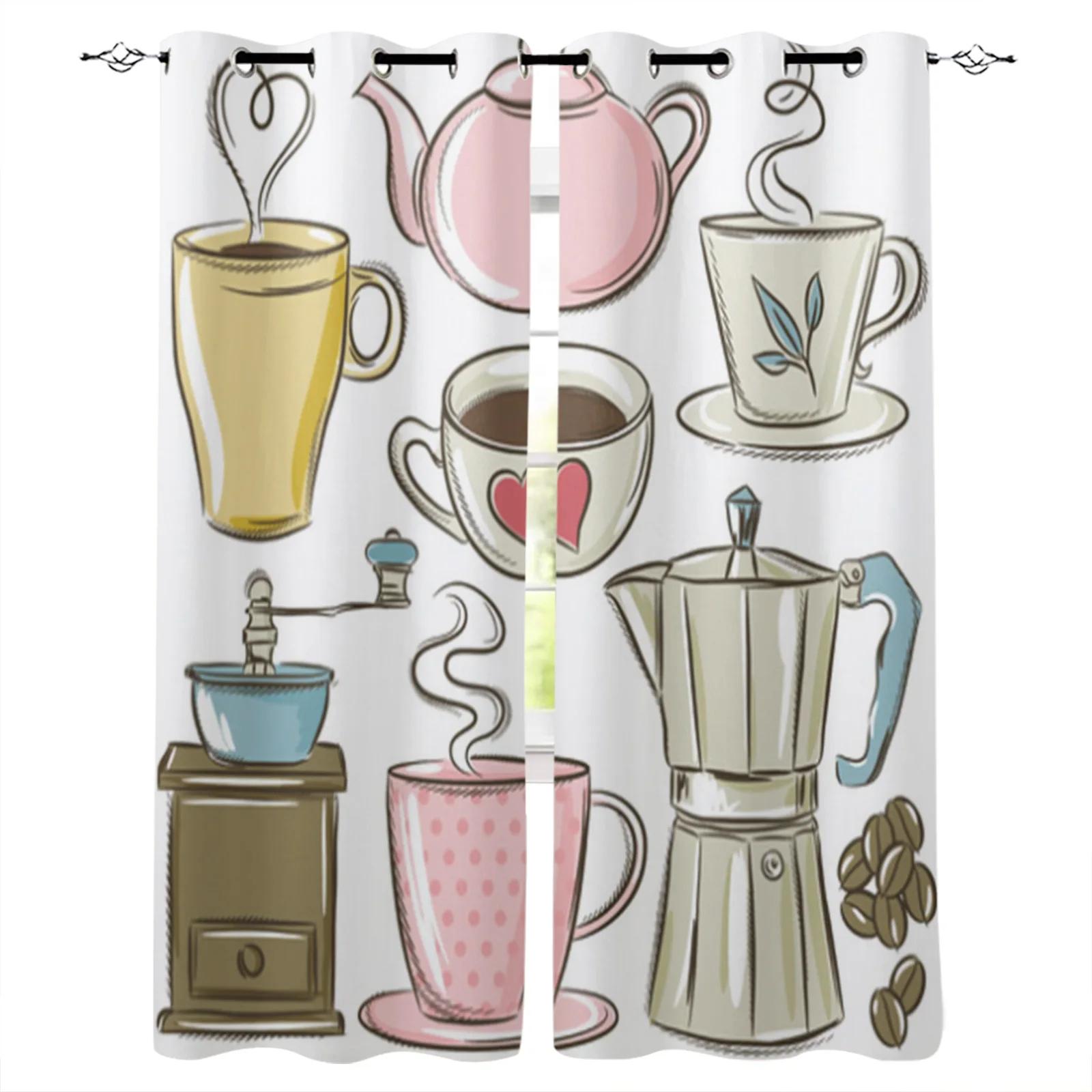 

Кафе Граффити Чайная чашка Хот-дог Еда Шторы Спальня Кухня Декоративные шторы 2 панели Шторы для гостиной Люверсы cortinas (W50H130cm)-2pcs&Grommet Top