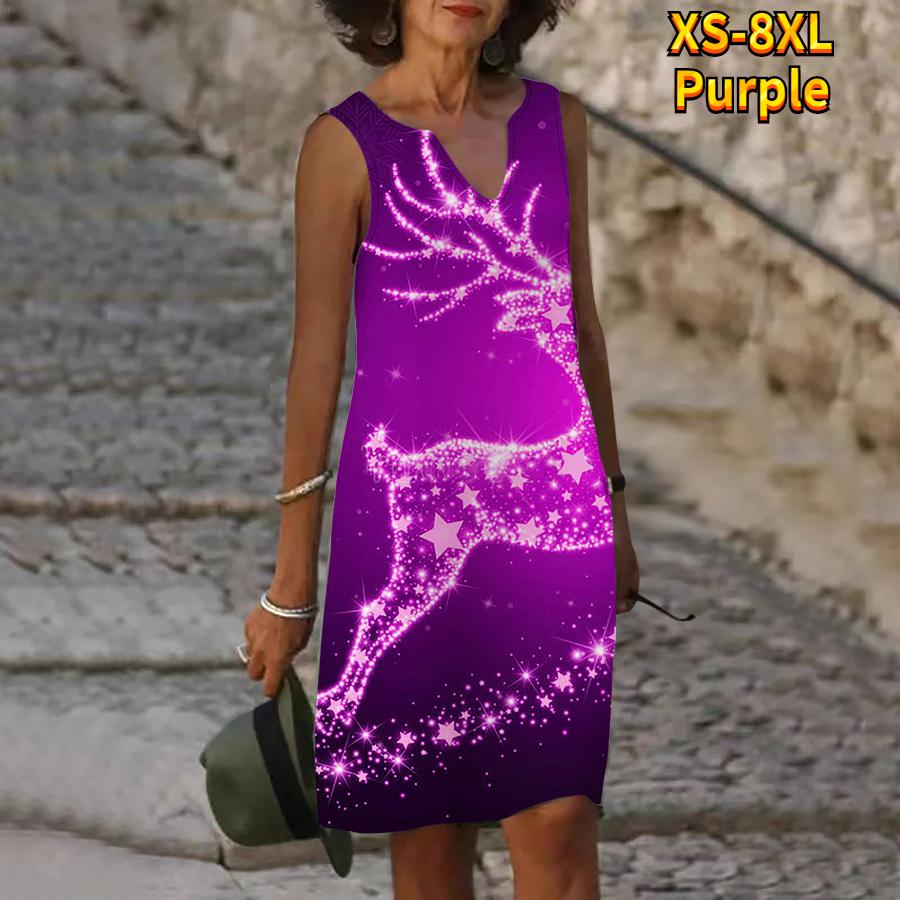 Frauen V-ausschnitt Sommer Lila Glowing Elch Print Kleid Casual Ärmellose Mode Lässig Lose Sexy Kleider Plus Größe XS-8XL