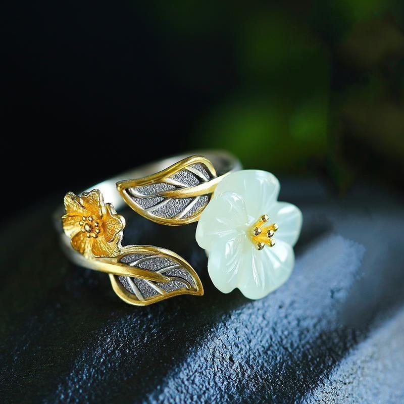 Adjustable Open Ring With Plum Blossom Motif Gold Plated Copper Vintage Boho Womens Fashion Jewelry
