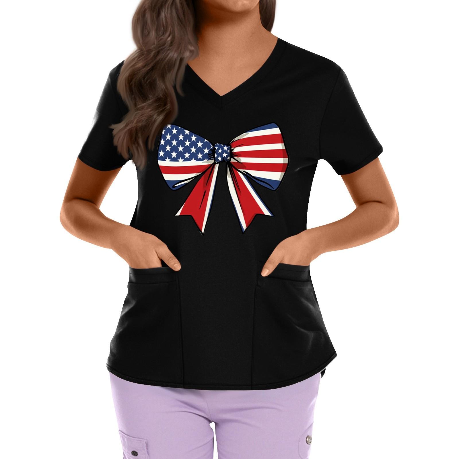 

Plus Size Printed Scrub Working Uniform Tops For Women s Cross V Neck Independence Day Print Short Sleeve Fun T-Shirts Workwear Tee With Pockets XL