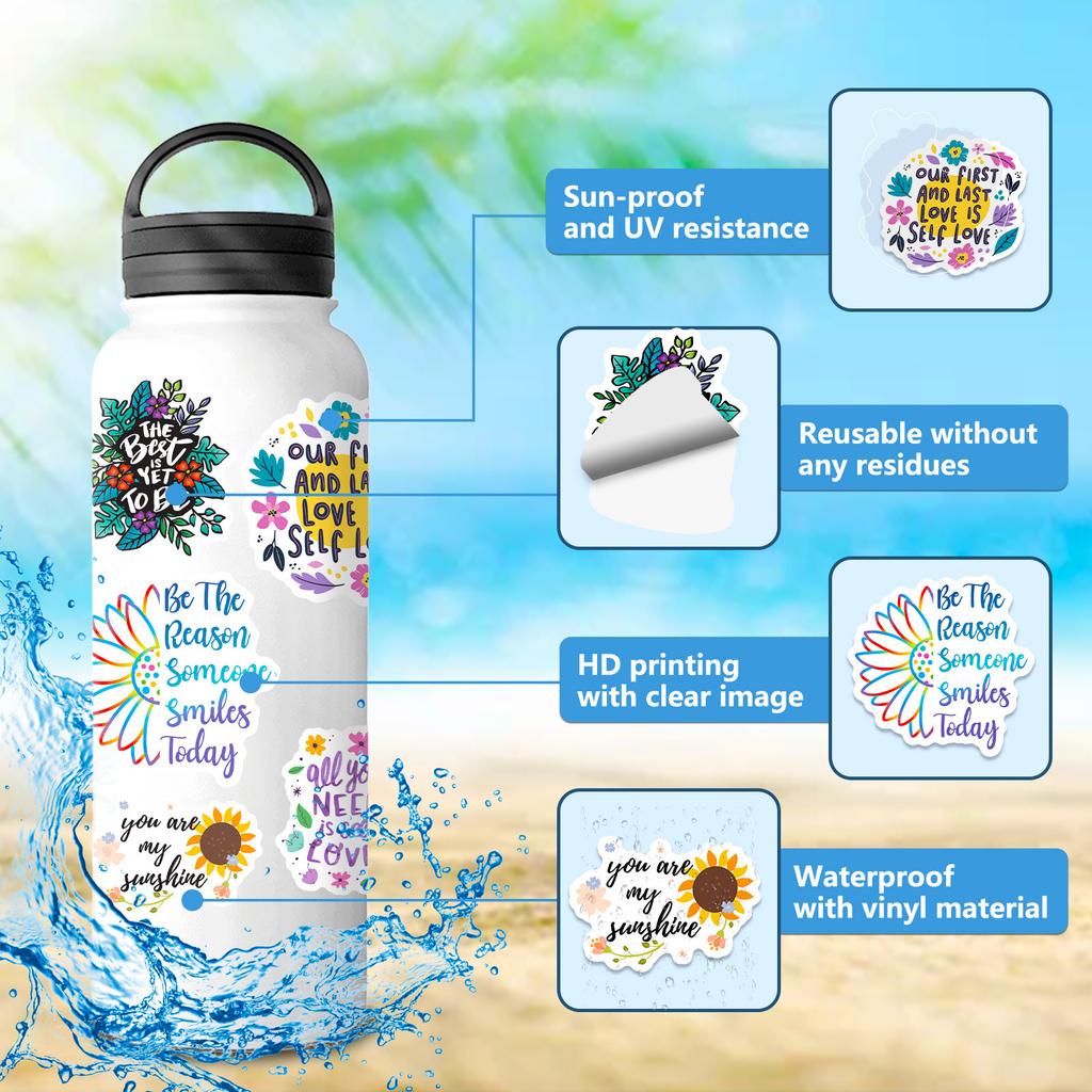 50 Inspirational Text Stickers In English Slogans Colorful Flowers Inspirational English Phrases Doodle Personalized Stickers