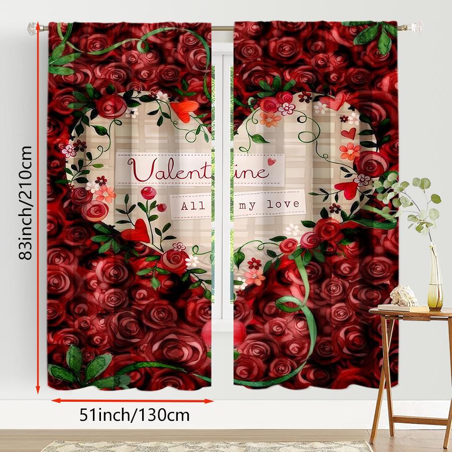 Set Of 2 Red Rose Valentine Day Theme Curtains Romantic Style Bedroom Living Room Drawbar Pocket Decorative Curtain Polyester Perfect For Great