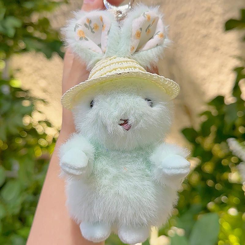 Cute Plush Rabbit Keychain With Floral Ear And Straw Hat Design For Daily Use