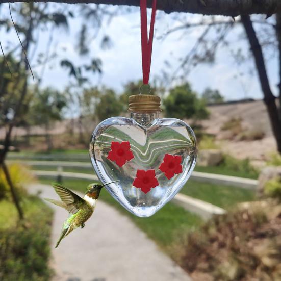 Heart-Shaped Hummingbird Feeder Outdoor Hanging Plastic Feeder Jar with Flower Feeding Ports