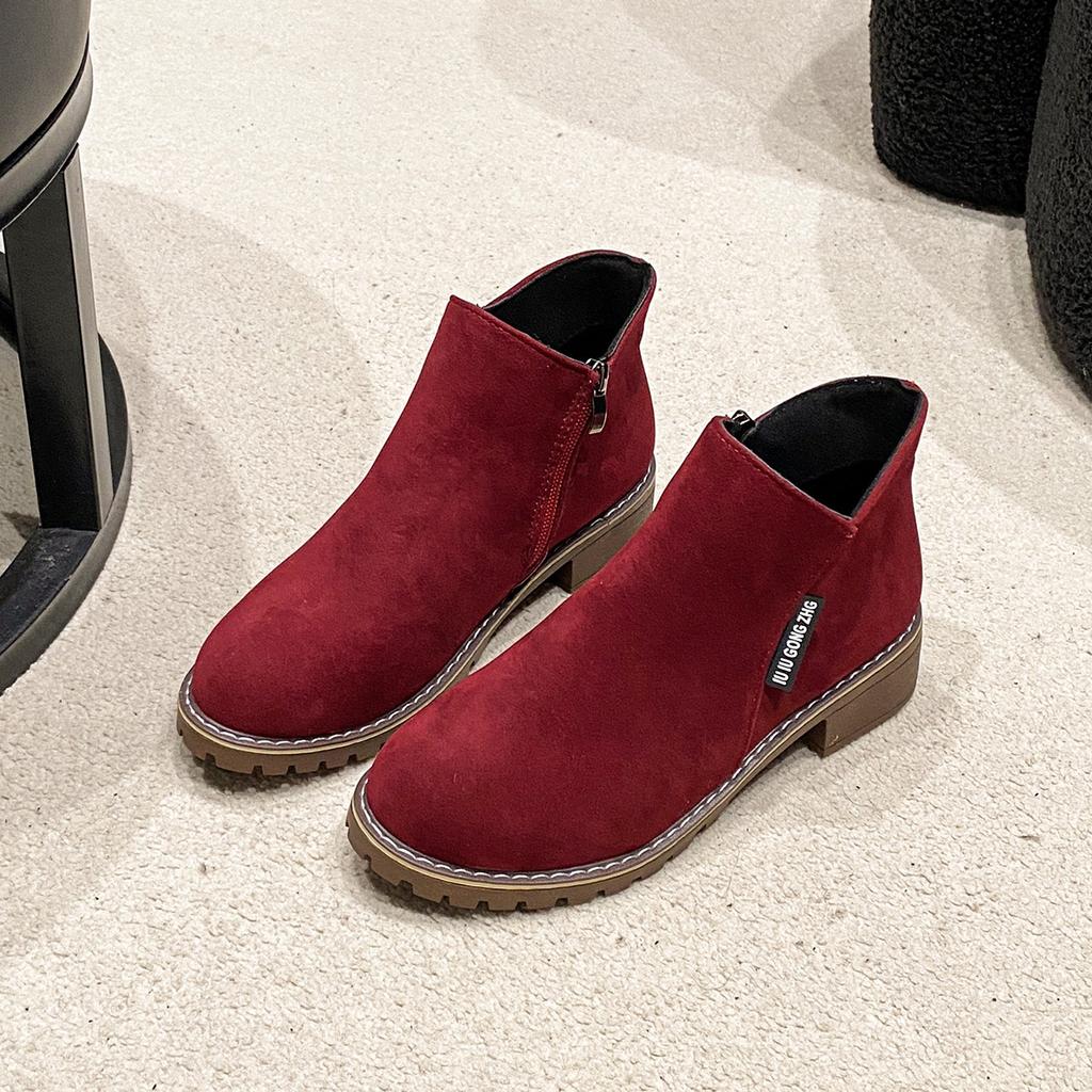 European and Americanforeign Trade Short Tube Medium Heel Retro Matte Short Boots Women's Cross-border Thick Heel Flat Bottom Side Zipper Martin Boots