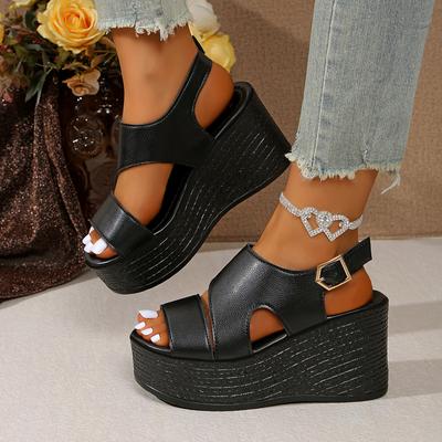 Fashion Open-toe Slope Sandals Leather Strap Roman Shoes 2025 Summer Fashion Lightweight Thick Sole High Heels Women's Shoes