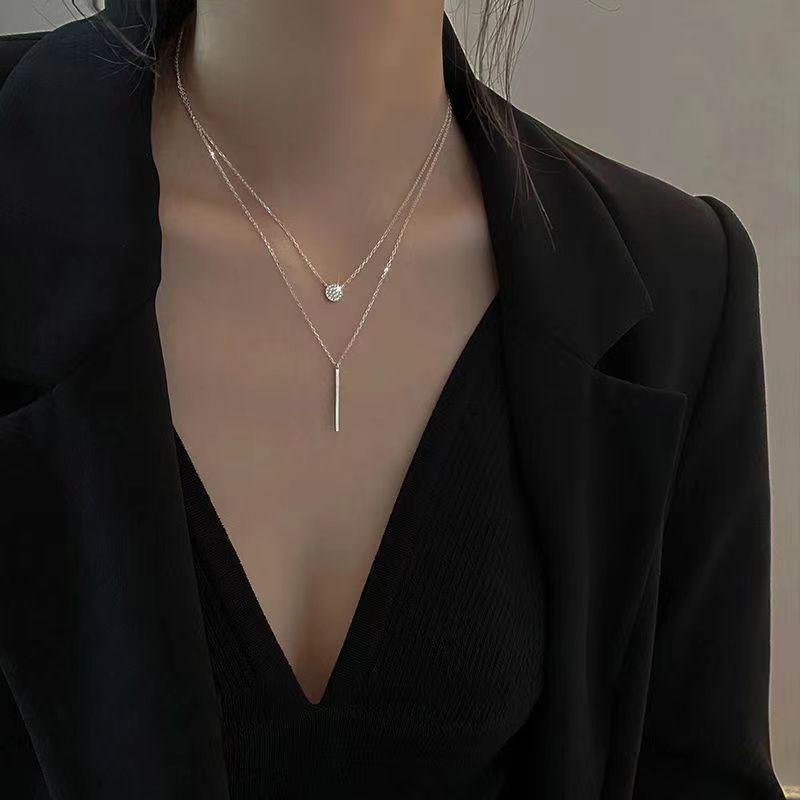 Square Strip Round Flash Diamond Double-layer Necklace Female Collarbone Necklace Cold Collarbone Chain Female Simple Temperament Neck Chain