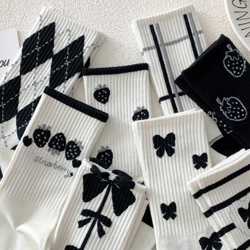 Women s Fashion Socks Long Medium Socks Black Ribbon 8-Piece Set