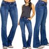 Women Jeans Mid Waist Pockets Zipper Button Closure Retro Washed Flared Hem
