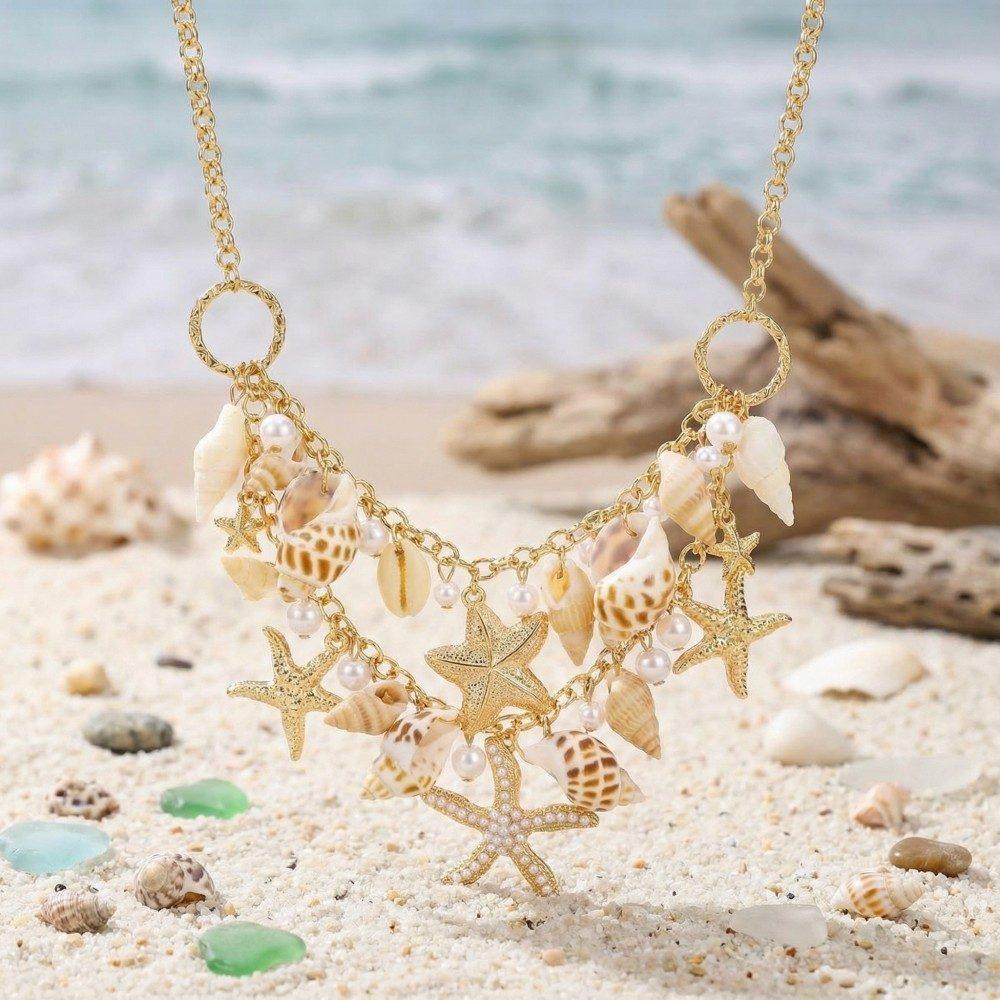 Bohemian Starfish Shell Beaded Necklace for Women - Multi-layer Beach Vacation Accessory