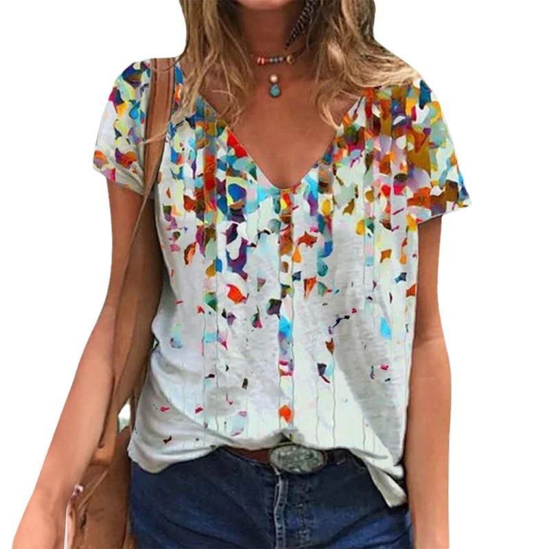 Sommer V-hals 3D Blomstertrykt Topp Moteable Casual Kortermet Dame T-skjorter