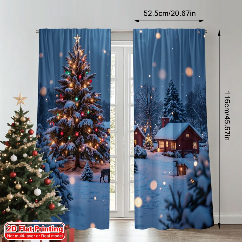 2pcs 2D flat printing Merry Christmas Popular Curtain Cozy Winter Village Christmas Scene Polyester Without Electricity Party