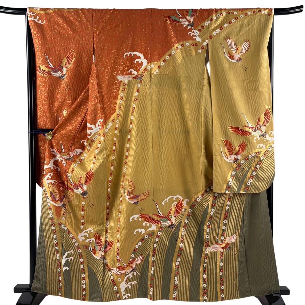 

[Good condition] Long-sleeved kimono, length 162cm, sleeve length 66cm, M, crane, wave crest, gold, dyed, orange, pure silk, excellent item [Used]