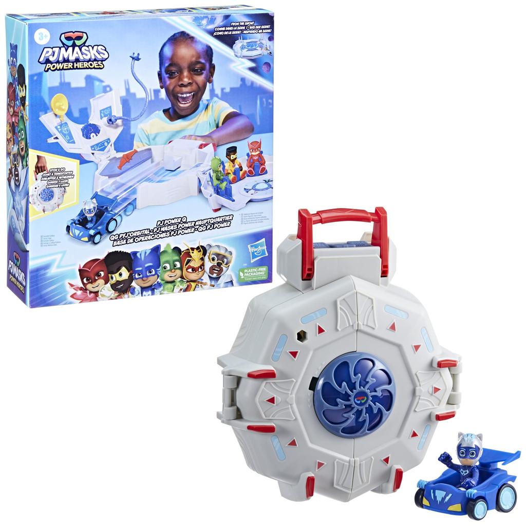 PJ Masks Power Heroes PJ Power Q Playset with Headquarters Vehicles and Superhero Toy for Boys and Girls Ages Set, Figures, 3+